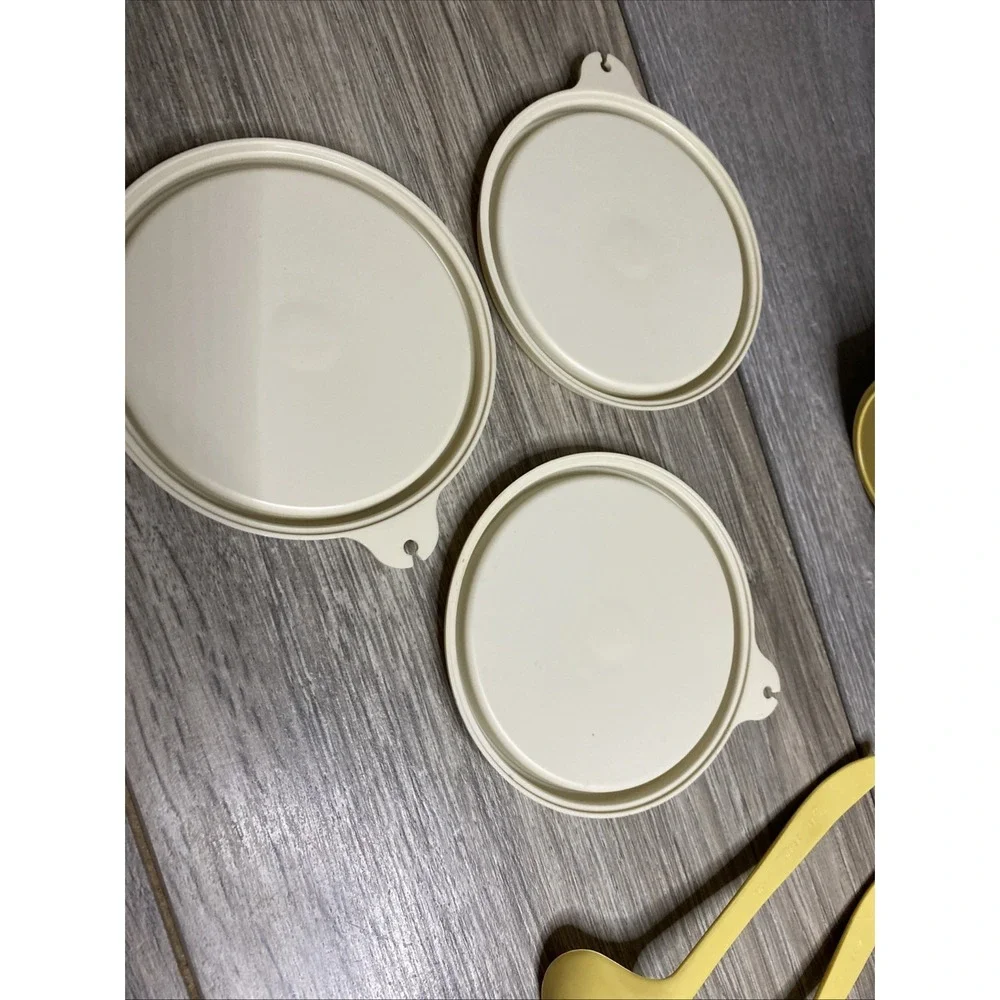 Vintage Tupperware Gold and Almond Condement Caddy Set w/ Cups, Lids & Spoons